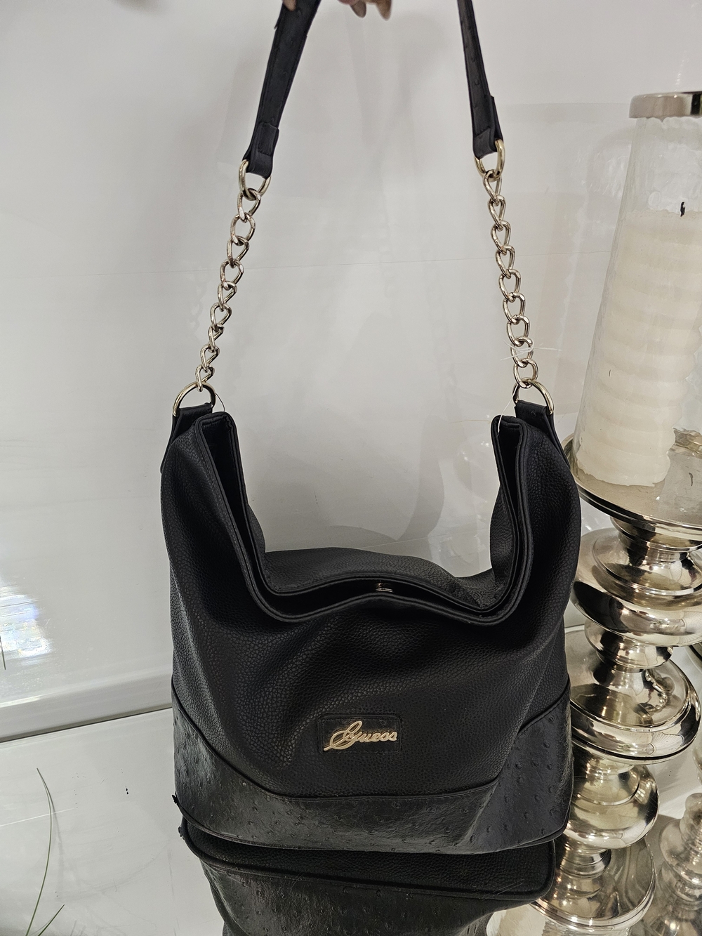 Guess Black Leather Chain-Handle Hobo Bag